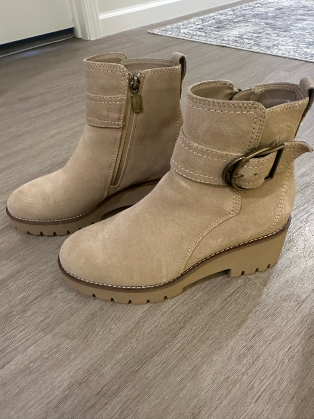 Blondo Beige Suede Buckle Ankle Booties